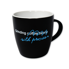 Back of the mug with blue and white lettering: Grinding coffee beans with precision