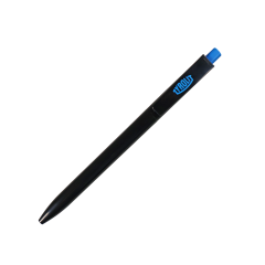 Black push-button ballpoint pen with a blue push button and a blue “TYROLIT” logo on the clip.